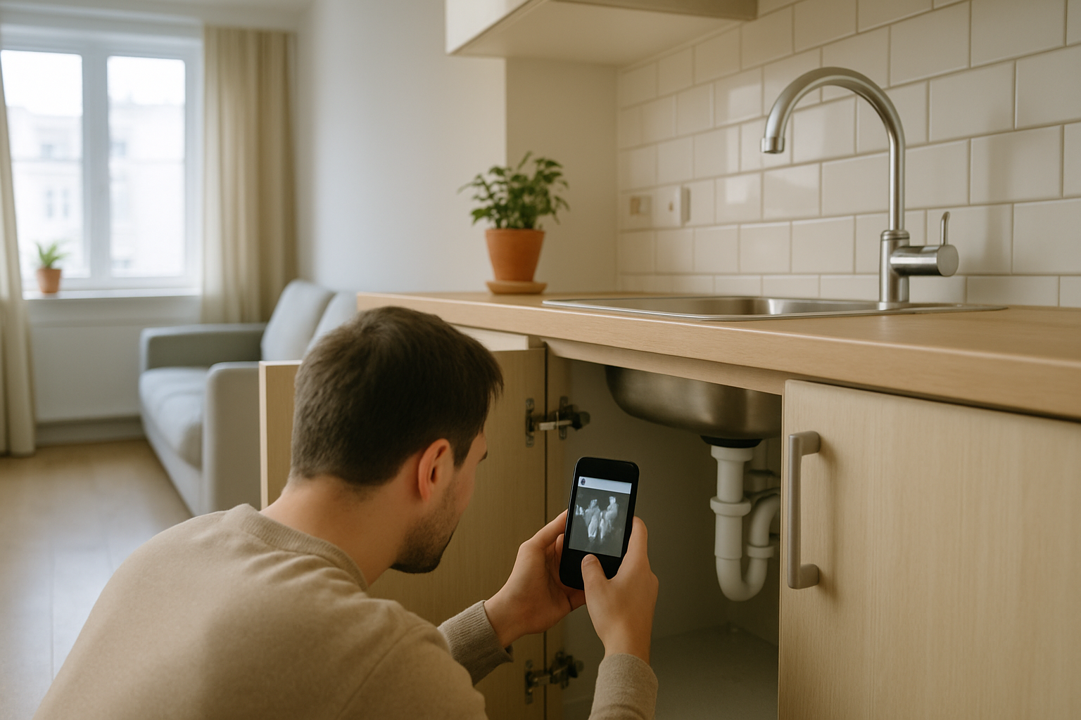 Nájomník bez viditeľnej tváre fotografuje mobilom drobnú poruchu pod kuchynským drezom v svetlom nájomnom byte