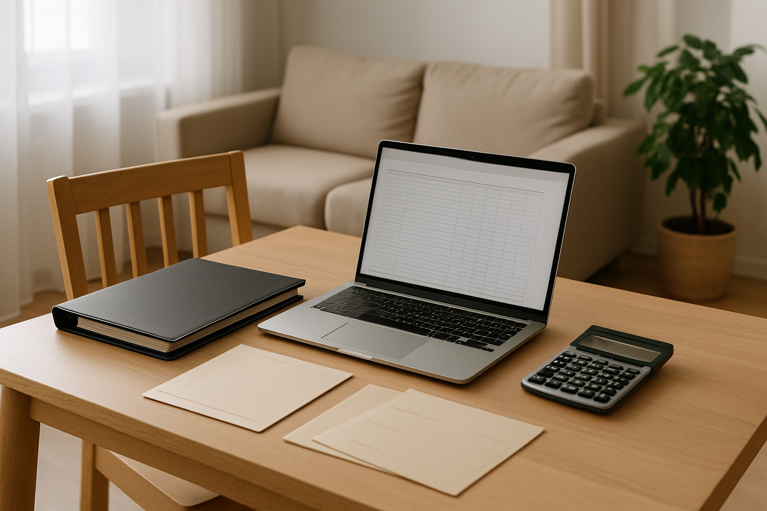 A tidy desk in a bright apartment with a laptop, binder, calculator and neutral documents